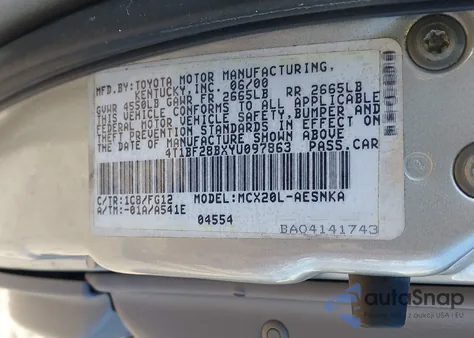 2000 Toyota Avalon Xl from USA, damaged, VIN 4T1BF28BXYU097863